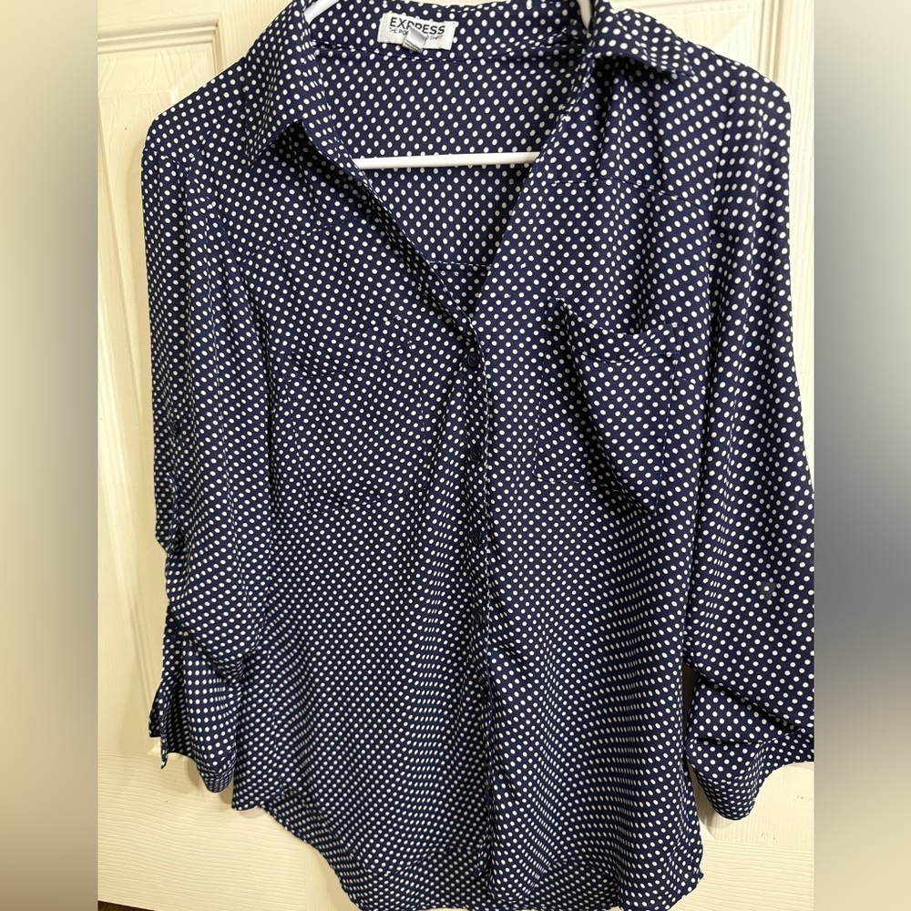 Express Women’s Slim‎ Fit Navy Polka Dot Button-Up Blouse Size Small